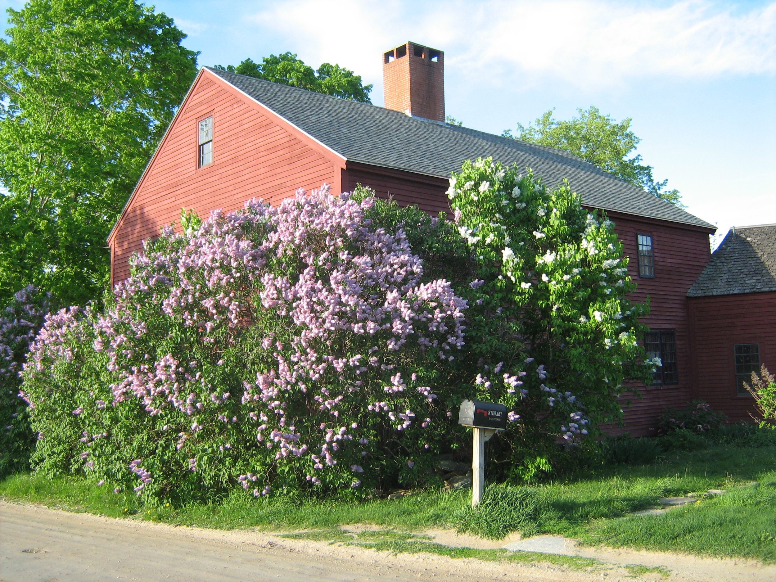 The real red farmhouse at Blasty Bough, surrounded by flowering shrubs